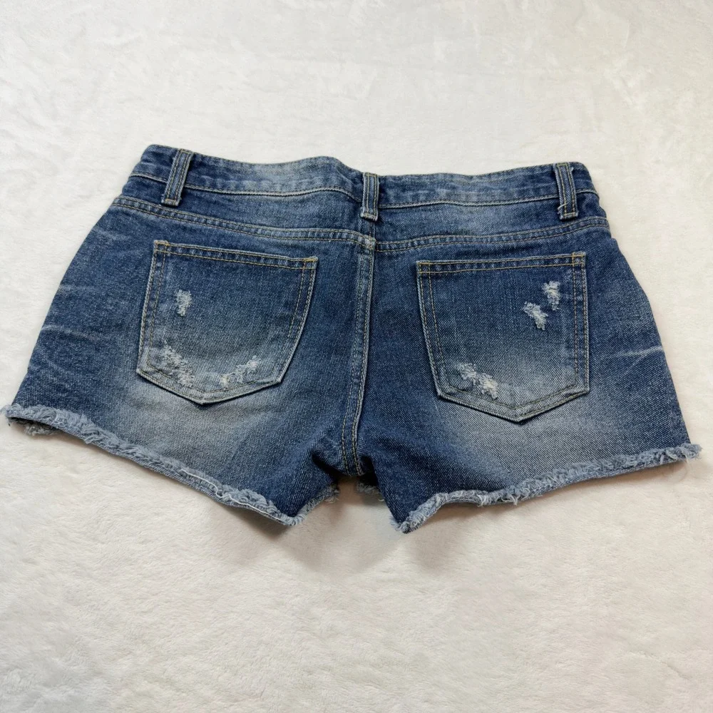 Flyup Distressed Denim Shorts Womens Size M Blue Good Frayed Hem Low Rise Cutoff